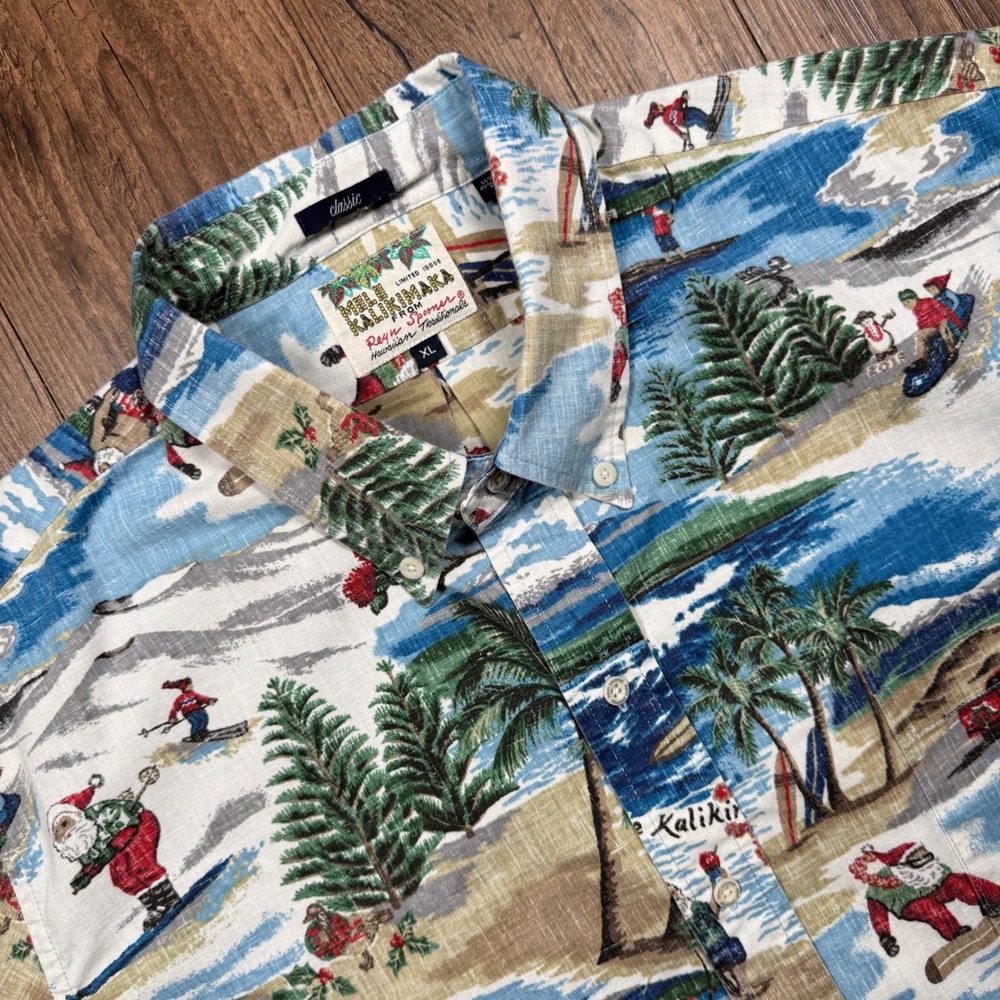 Reyn Spooner Mele Kalikimaka Hawaiian Shirt Mens XL Blue Santa Surfing Reverse